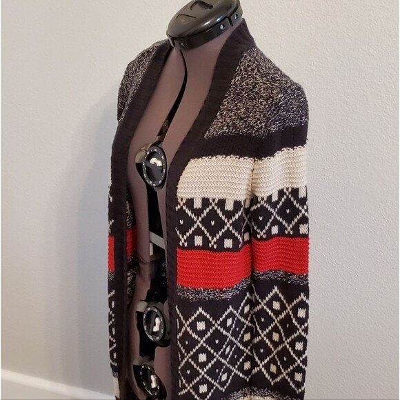 St Johns Bay Cardigan Women's Small Black Red Cream Sweater Coat Heavy Weight - Picture 2 of 6